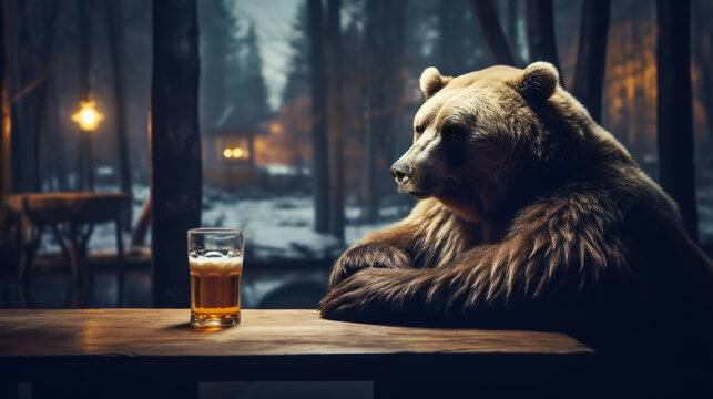 Portrait Of A Lonely Brown Bear Sitting And Drinking Beer On A Wooden Table