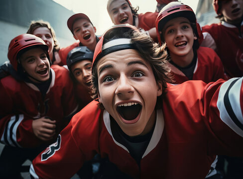 A group of teenagers in hockey uniforms