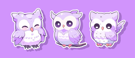 A cartoon kawaii cute owl set sticker pink pastel color. Vector illustration isolated on white background owls character different emotions