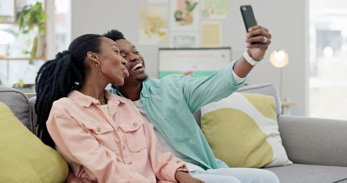 Selfie, morning or black couple on social media to relax together at home on living room sofa. Hug, woman or happy man taking picture or photo to bond with love, support or smile on an online post