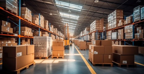 Warehouse, Logistics, A large warehouse with numerous items, Rows of shelves with boxes.