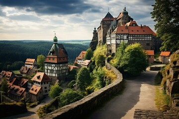 Scenic town and fortress in Harz, Germany. Generative AI - obrazy, fototapety, plakaty