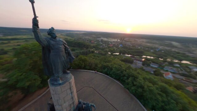 FPV, Ukraine, Monument to the heroes of the liberation war 1648-1654 (part of monument to Bohdan Khmelnytsky) in Chyhyryn, Ukraine, aerial view, filming from a drone 
