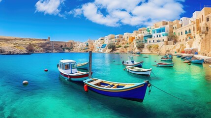 summer maltese fishing villages illustration colorful boat, village malta, travel old summer maltese fishing villages