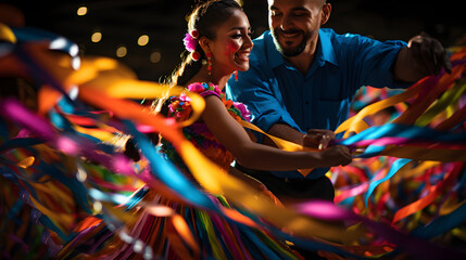 pareja de bailarines mexicanos ella usa una falda multicolor para interpretar sones y bailes del folklore mexicanos por las fiestas patrias del 15 de septiembre