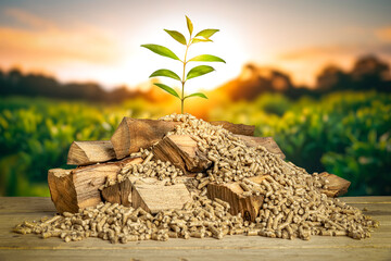 wood pellets and logs with green plant - obrazy, fototapety, plakaty