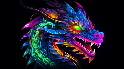 cartoon dragon neon colors black background.Generative AI - obrazy, fototapety, plakaty