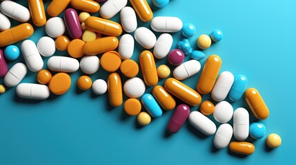 Colorful pills and capsules are scattered on a blue background, Top view.