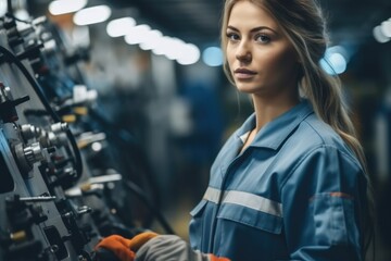Female technician skillfully operating high-tech machinery in a modern automotive manufacturing setting.