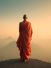 Buddhist monk standing on mountaintop at beautiful sunset or sunrise - obrazy, fototapety, plakaty