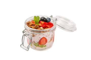 Bowl of granola with yogurt and fresh almonds, blueberries, raspberries,peach and strawberries isolated on white background. Healthy food. balanced breakfast.