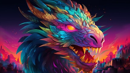 illustration colorful vector dragon psychedelic glod.Generative AI