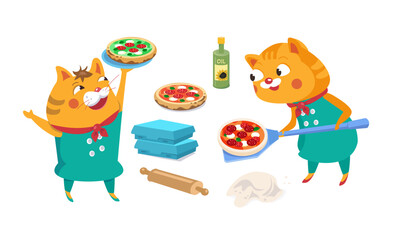 Cute funny set of pizzaiolo cats with pizza. Vector illustration, cartoon animal characters. Isolated icons for design.