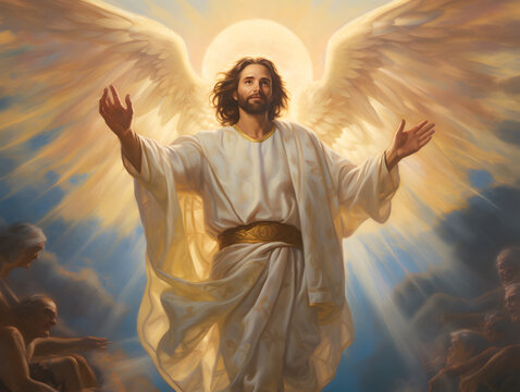 Resurrected Jesus Christ ascending to heaven. God, Heaven and Second Coming concept