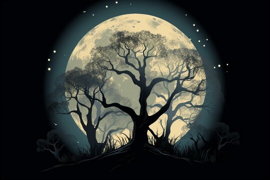 Illustration of a luminescent tree with moon in a dark backdrop, depicting a mystical forest. Generative AI