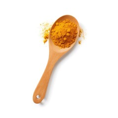 A Wooden Spoon of Turmeric Isolated on a White Background