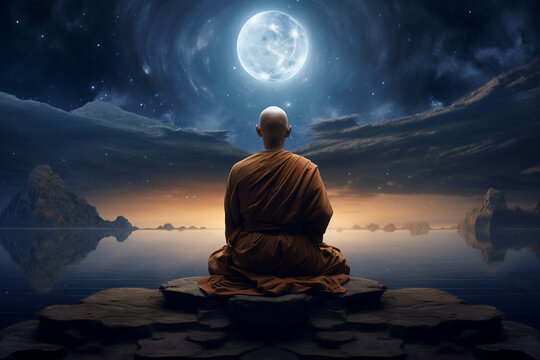A traditional clothed religious monk is visualize with a concentrated in outer  space a spiritual place at night