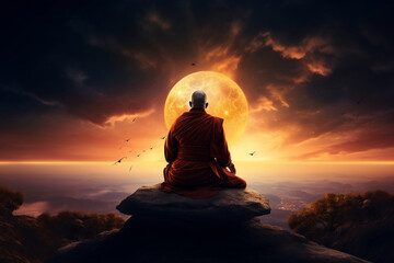 A traditional clothed religious monk is visualize with a concentrated in outer  space a spiritual place at sunset