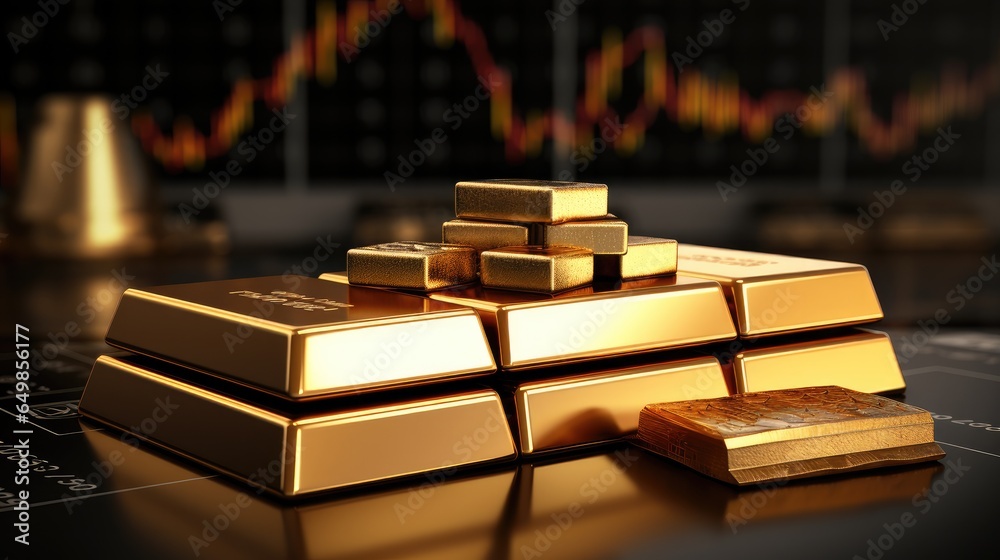 Aufkleber gold bar resting on a stocks and shares graph representing investment.