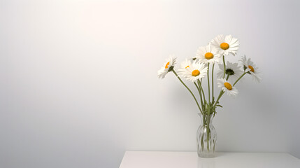 A bouquet of daisies in a white glass vase on a white table - Powered by Adobe