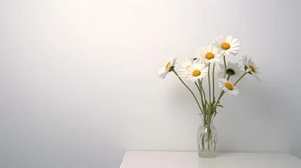 Zelfklevend Fotobehang A bouquet of daisies in a white glass vase on a white table © ZayNyi