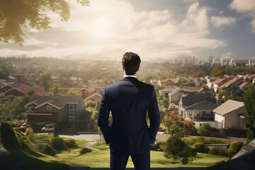 A latin entrepreneur or business man is standing with a modern suit with a suburban neighborhood in the beautiful background ; career concept and a business background on a sunny d - obrazy, fototapety, plakaty