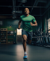 Fototapeta na wymiar A beautiful strong and fit African American man is running concentrated and smiling with running shoes in a beautiful gym ; a fit senior person