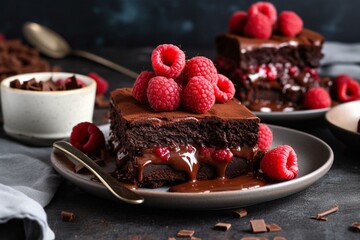 Decadent dessert with fudgy brownies, indulgent chocolate mousse, tangy raspberries. Generative AI