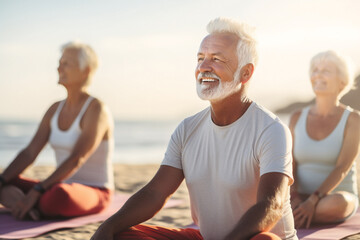 A group of senior happy man is doing yoga exercises relaxed and mindfull with a yoga mat on a beautiful beach on a sunny day - obrazy, fototapety, plakaty