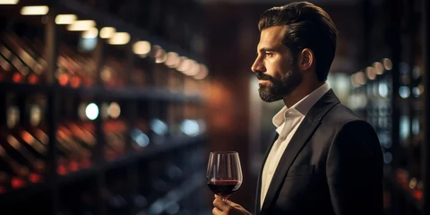 Fototapeten sommelier holding a glass of red wine, blurred wine cellar shelves © AstralAngel