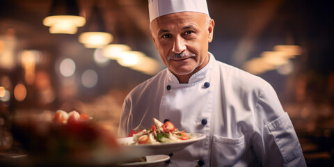 chef holding a plated dish, blurred kitchen background