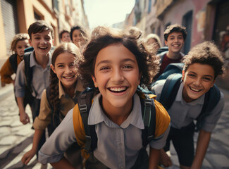 A group of schoolchildren in school uniforms and with backpacks