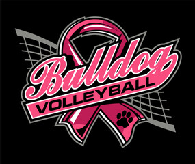bulldog volleyball team design with pink cancer ribbon for school, college or league sports - obrazy, fototapety, plakaty