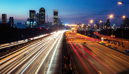 city night,  The city skyline serves as the background, illuminated by a sea of headlights and taillights, The motion blur of a busy urban highway during the evening rush hour.