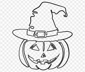 One line hand drawing smile pumpkin wears witches hat  in a brush style, isolated on a transparent PNG background. Perfect for Halloween party backgrounds, poster templates 