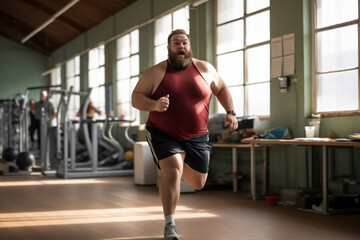 Fototapeta na wymiar A beautiful strong and fit Caucasian man is running concentrated and smiling with running shoes in a beautiful gym ;an obese young person