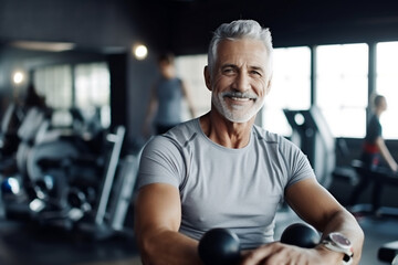 Fototapeta na wymiar A beautiful strong and fit Latin man is exercising concentrated and smiling with dumbnells in a beautiful gym ; a fit senior person