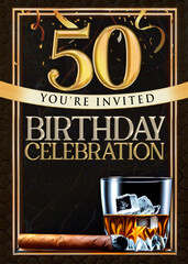 50th Cigar and Whiskey Birthday Party Invitation Template Design