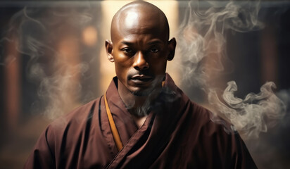 Serious black Buddhist man in spiritual robe in temple.