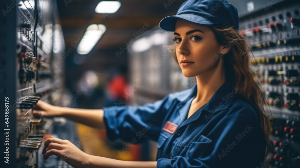 Poster professional engineer woman is checking and maintenance machine in factory, quality control.