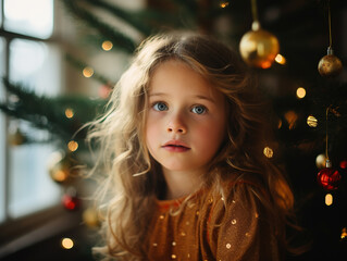 Portrait of girl at home, decorated Christmas tree on background