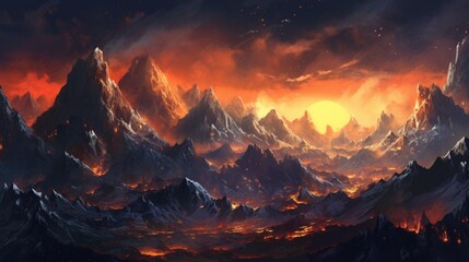 fantasy style watercolor of mountain ranges with lava Generative Ai