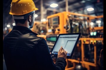 Engineer using digital tablet checking on monitoring system software at smart factory automotive industrial.