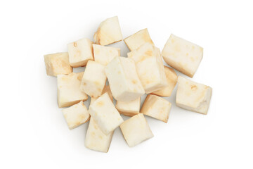 diced celery root isolated on white background. Top view. Flat lay.