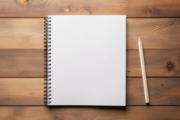 Top view of open spiral blank paper notebook with pencil on wooden table desk background. Top view - Powered by Adobe