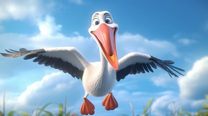 Flying smiling stork in cartoon style Generative Ai - obrazy, fototapety, plakaty