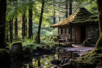 Rustic Bathhouse Exterior Nestled In Tranquil Forest Surroundings