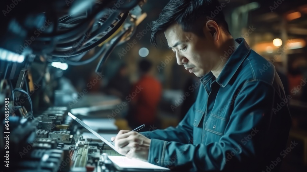 Poster Chinese man using tablet computer writing code in a robot factory.