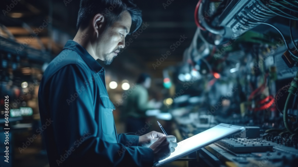 Aufkleber Chinese man using tablet computer writing code in a robot factory.