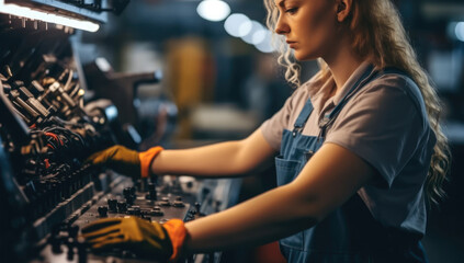 Woman technician working at in automotive factory, Auto industry technology.